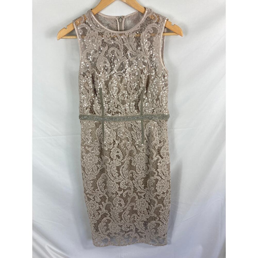 Vince Camuto Beige Lace Sequin Sheath Dress with Rhinestone Waist Size 6